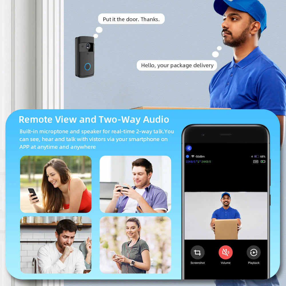 Smart Doorbell Camera Wifi Wireless Video Doorbell Call Intercom for Apartments Door Bell with Free Cloud Storage Home Wifi Bell