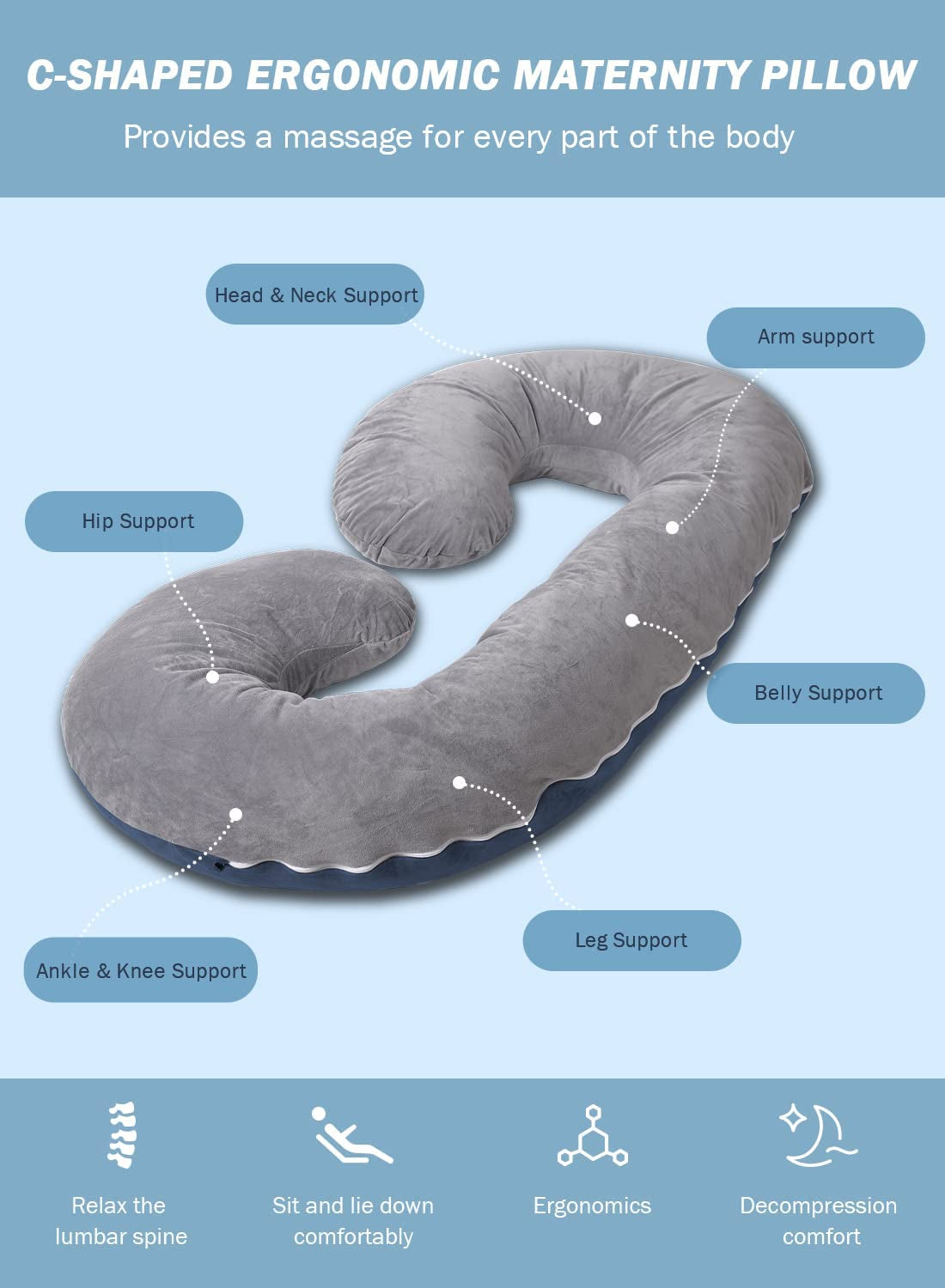 ComfortNest C-Shaped Maternity Pillow: Plush Velvet Cover for Blissful Sleep (Blue & Grey)