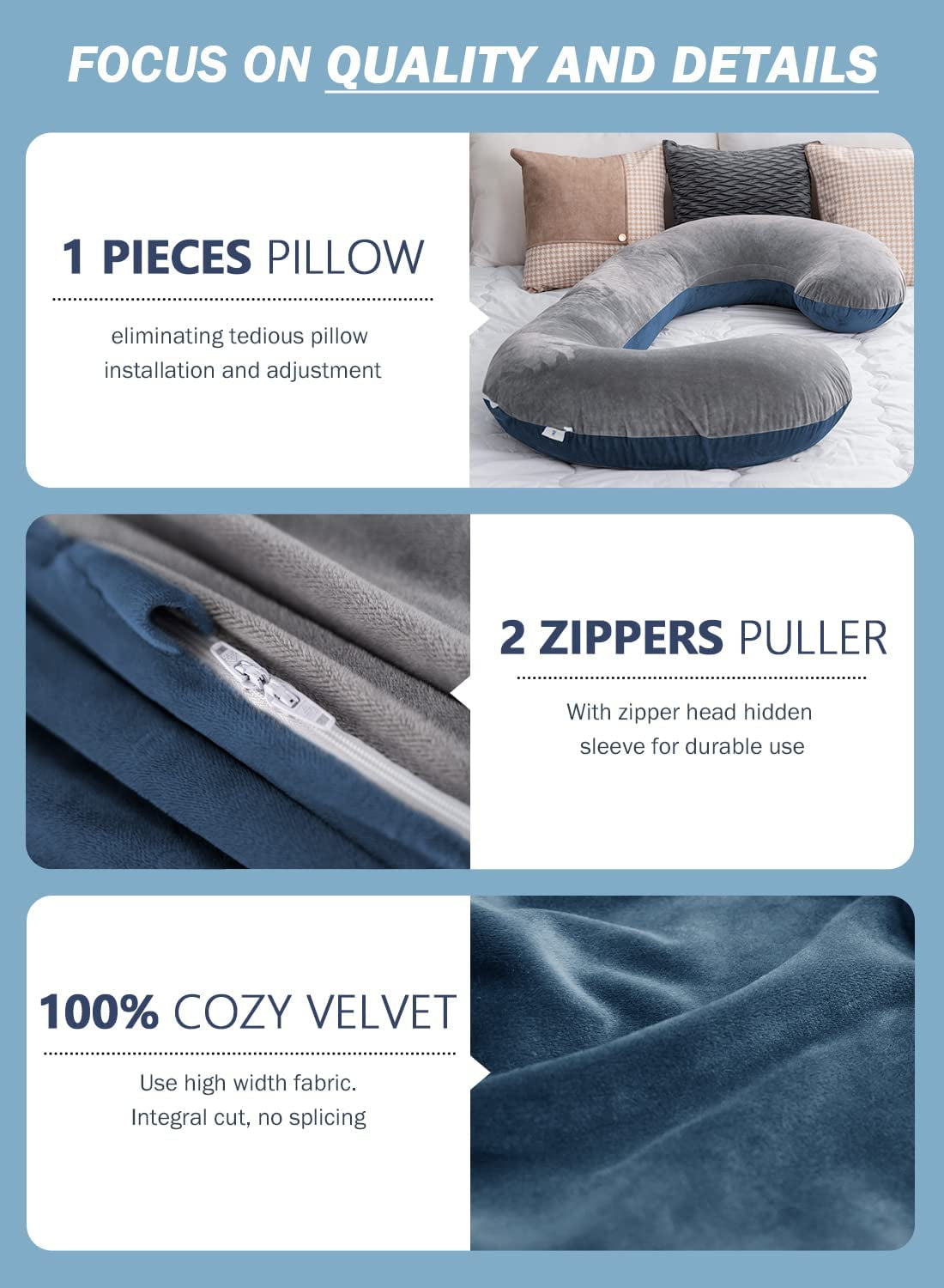 ComfortNest C-Shaped Maternity Pillow: Plush Velvet Cover for Blissful Sleep (Blue & Grey)