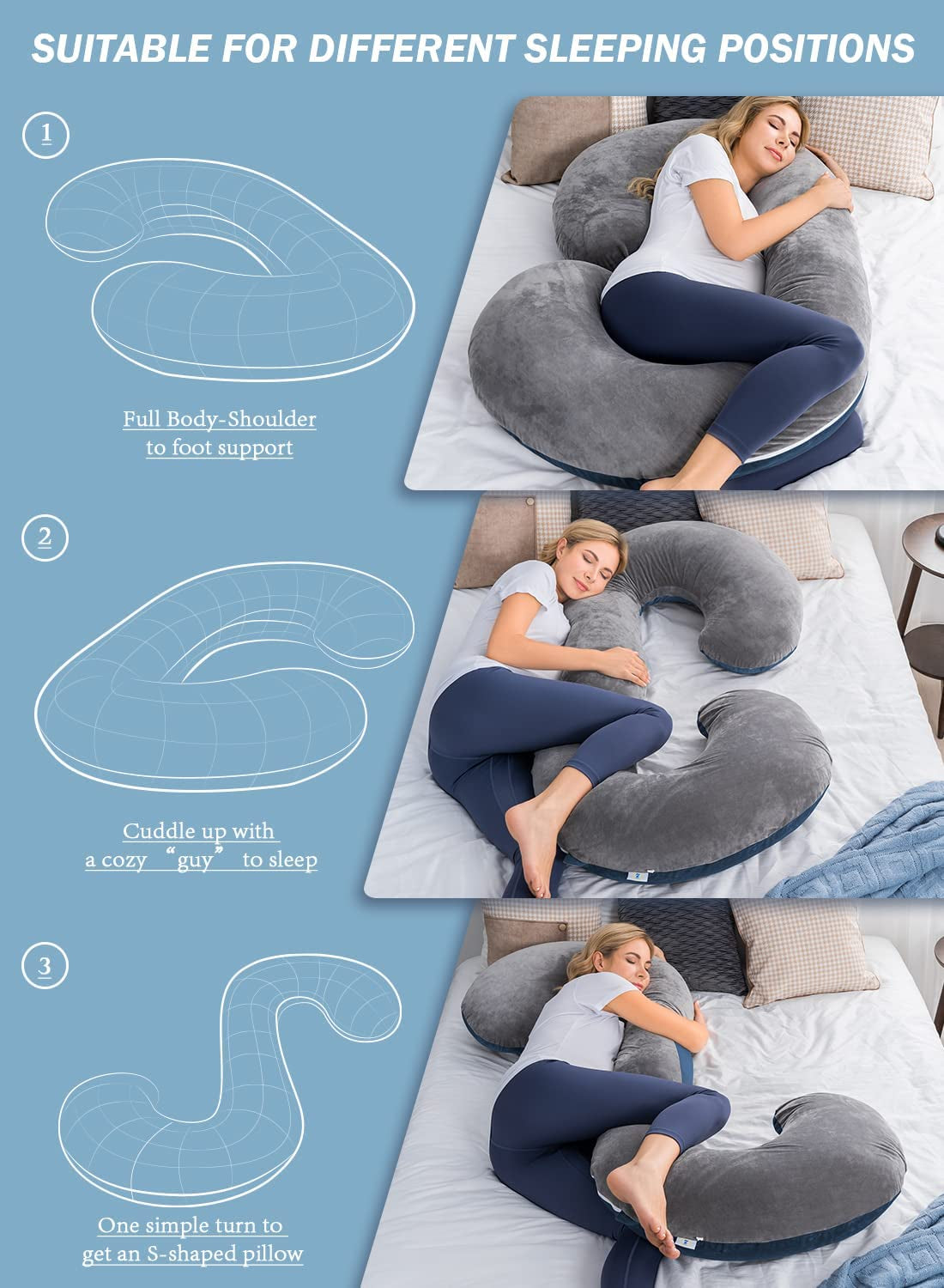 ComfortNest C-Shaped Maternity Pillow: Plush Velvet Cover for Blissful Sleep (Blue & Grey)