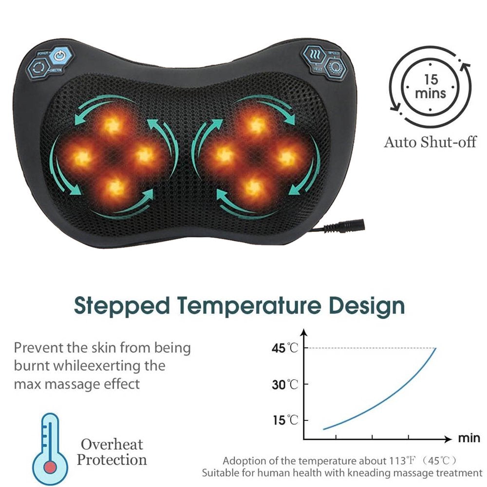 Electric Neck Back Massager with Heat - 3D Deep Tissue Shiatsu Massage Pillow