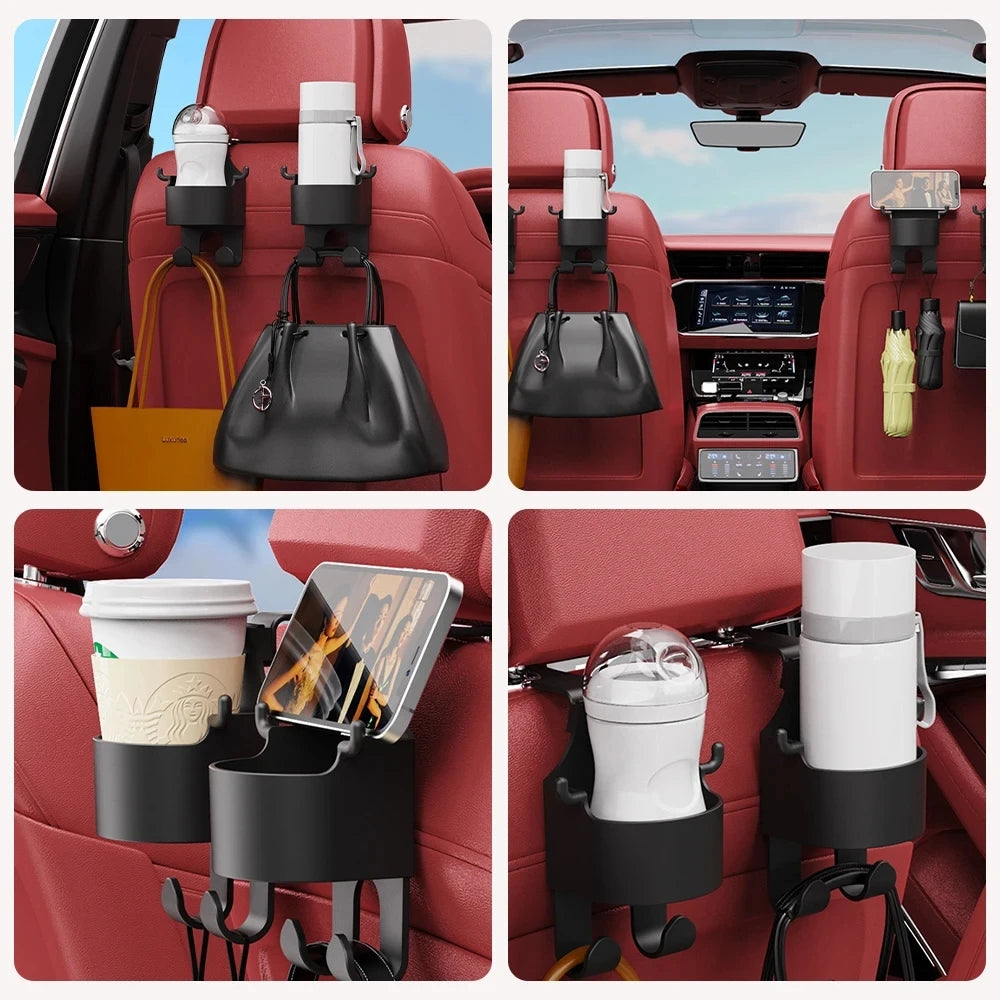 DriveEasy Car Seat Organizer: Universal Headrest Hook with Cup Holder for Handbags and Accessories