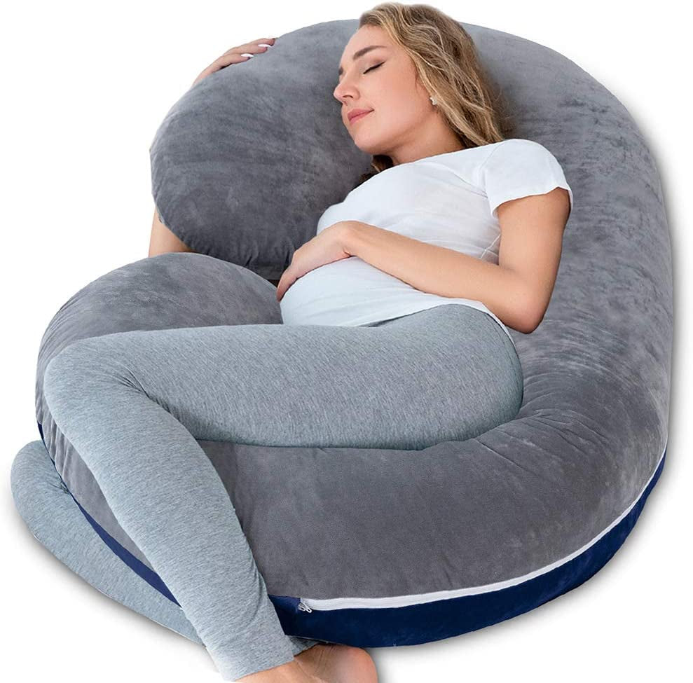 ComfortNest C-Shaped Maternity Pillow: Plush Velvet Cover for Blissful Sleep (Blue & Grey)