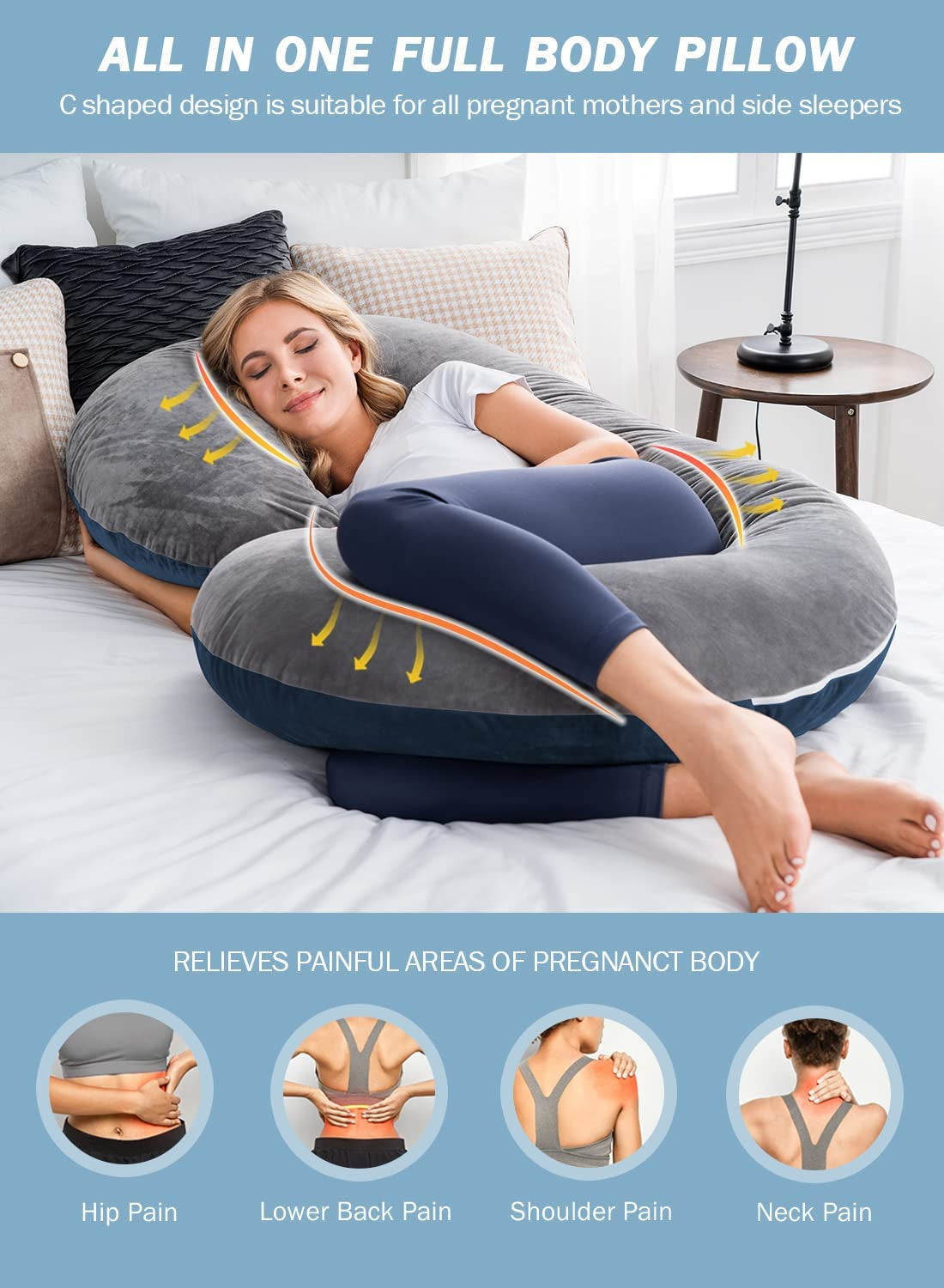 ComfortNest C-Shaped Maternity Pillow: Plush Velvet Cover for Blissful Sleep (Blue & Grey)