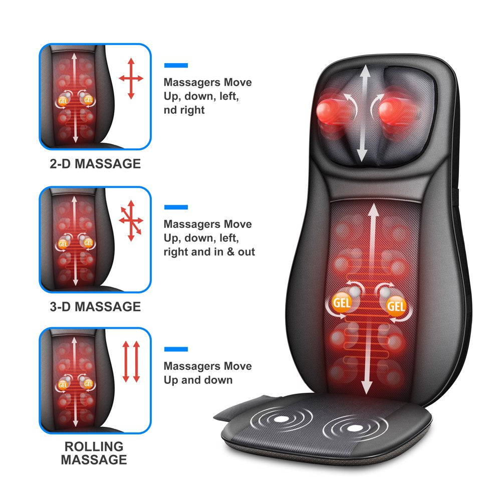 Shiatsu Neck Back Massager with Heat, Deep Tissue Massage Chair Pad, Gel Modes Seat Massage Cushion, Gifts