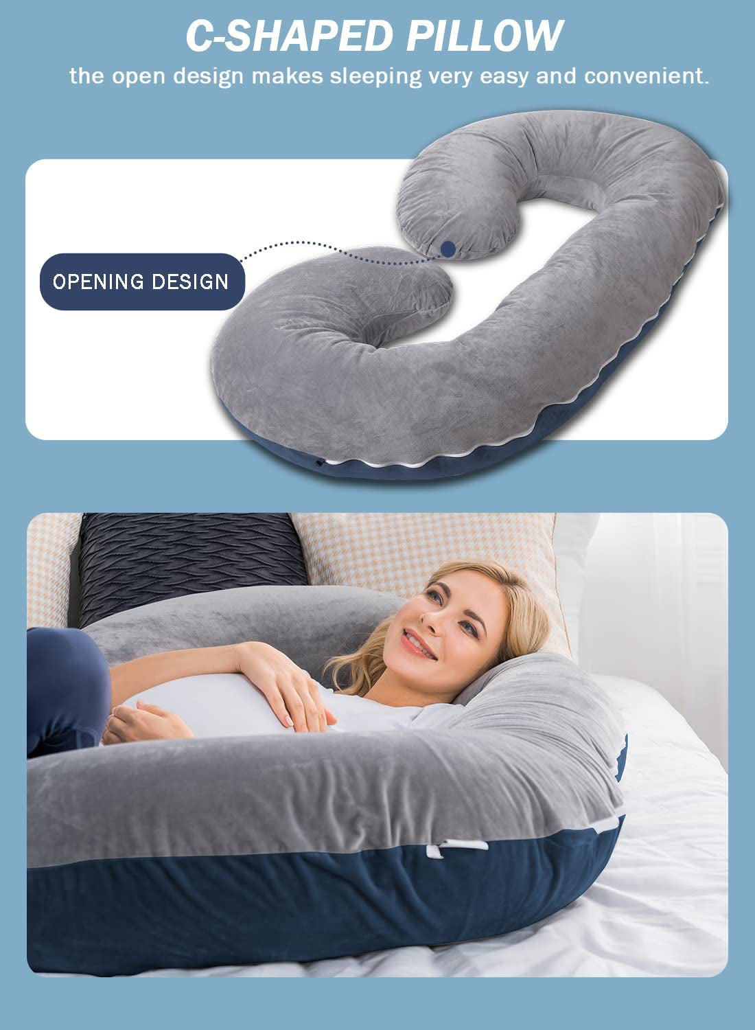 ComfortNest C-Shaped Maternity Pillow: Plush Velvet Cover for Blissful Sleep (Blue & Grey)